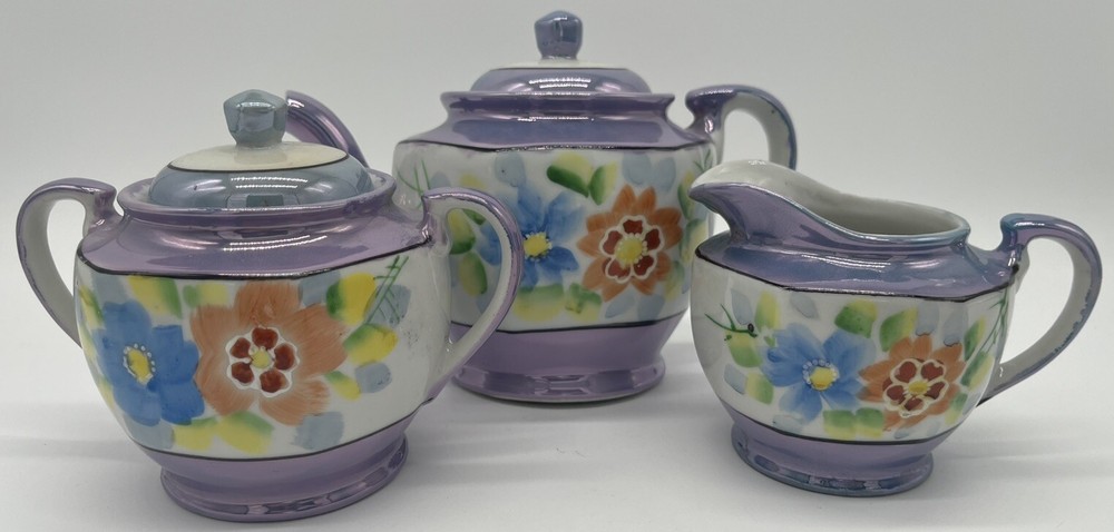 Vintage Maple Ware Japan Purple Lusterware Flowers Tea Pot Cream And Sugar Set