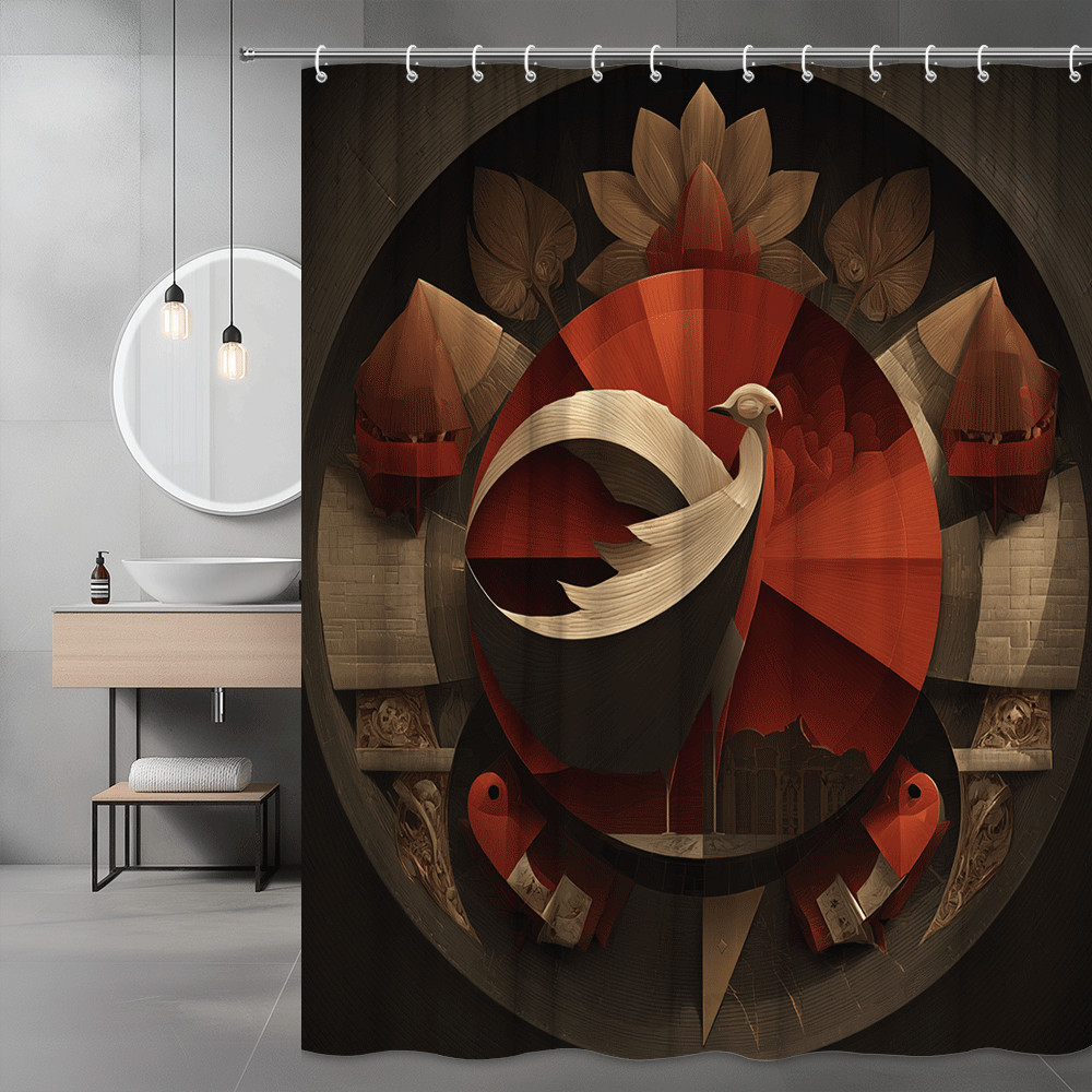 Abstract Bird Shower Curtain Red Brown Geometric Art Print