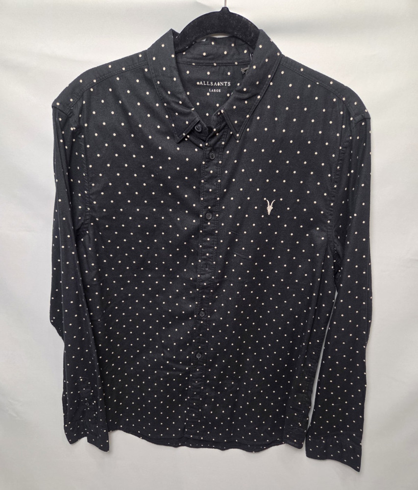 AllSaints Bethel Men's L Regular Long Sleeve Polka Dot Button-Up Shirt Black