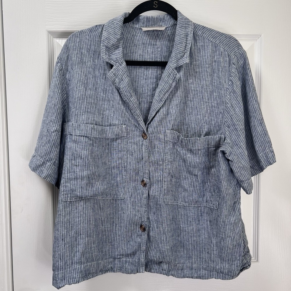 Everlane Boxy Linen Notch Collar Railroad Stripe Short Sleeve Button Down Size L
