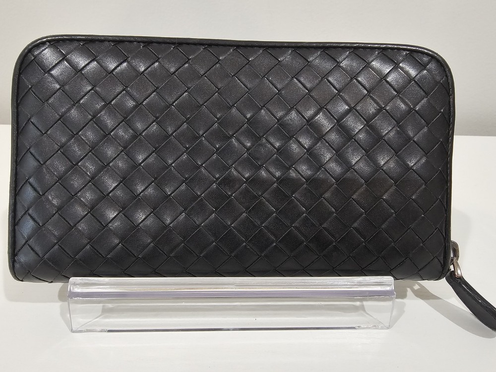 Bottega Veneta Black Intrecciato Woven Leather Zip-Around Wallet