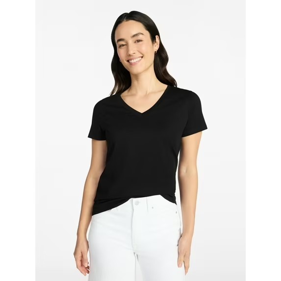 Women's Black Time and Tru Cotton V-Neck Tee with Short Sleeves, L Black Cotton