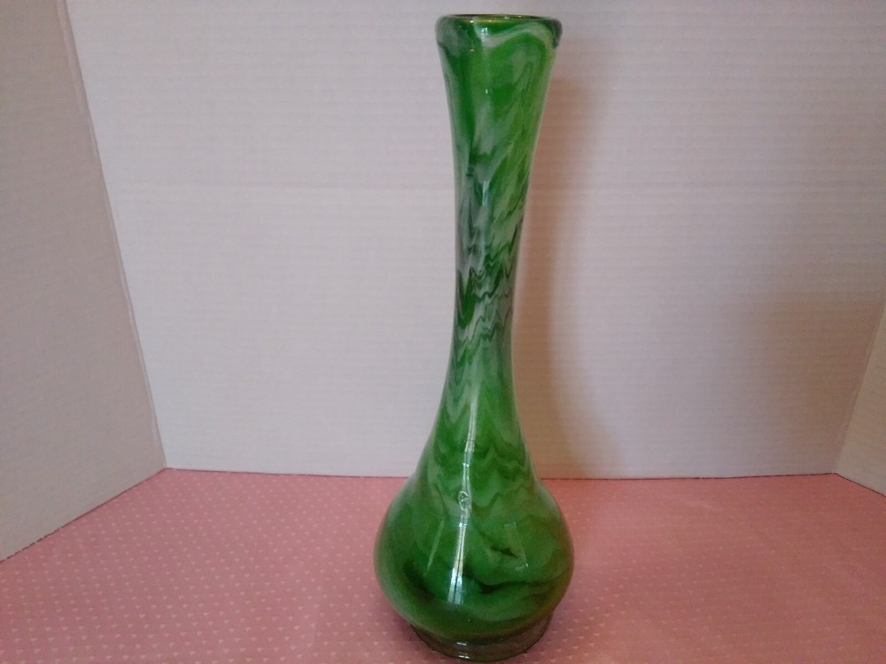 Vase Hand Blown Swirl Abstract Green And White Art Glass Vase 12
