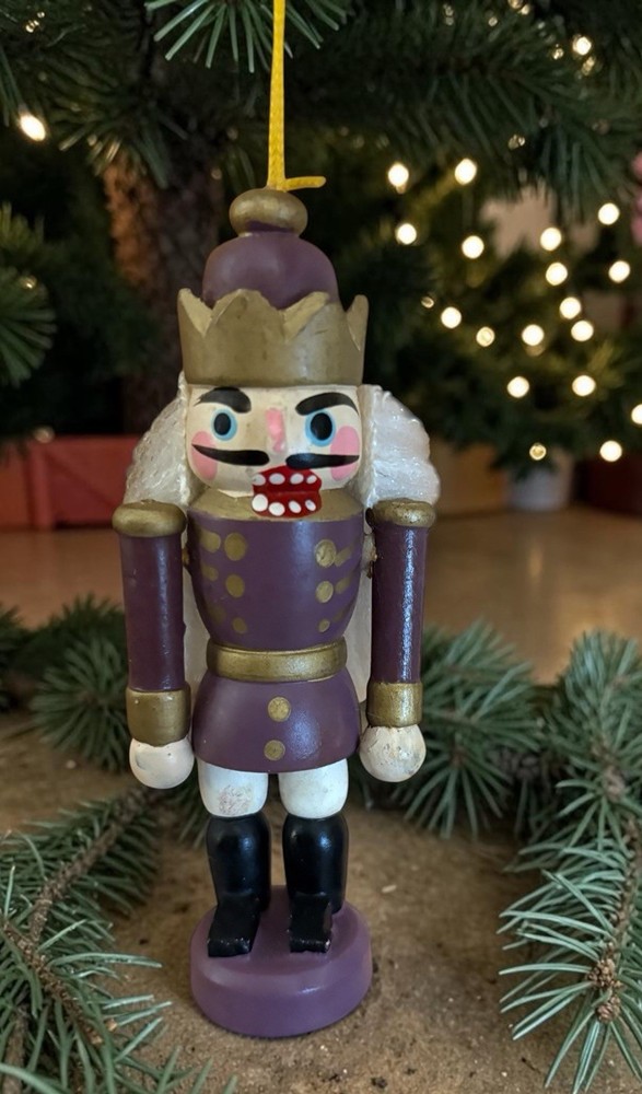 Vintage Wooden Purple Nutcracker Hanging Christmas Tree Ornament 4”L
