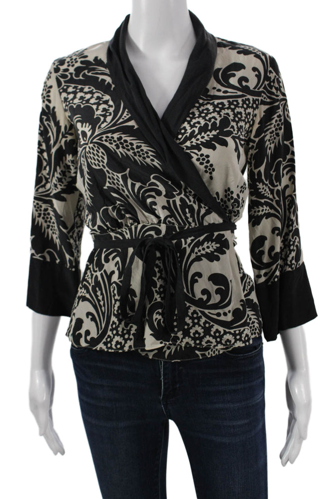 DKNY Women Kimono Blouse Black Silk Floral V-Neck 3/4 Sleeve Tie Size 4Free Shipping in US $100+ Orders | $6.95 Orders Below