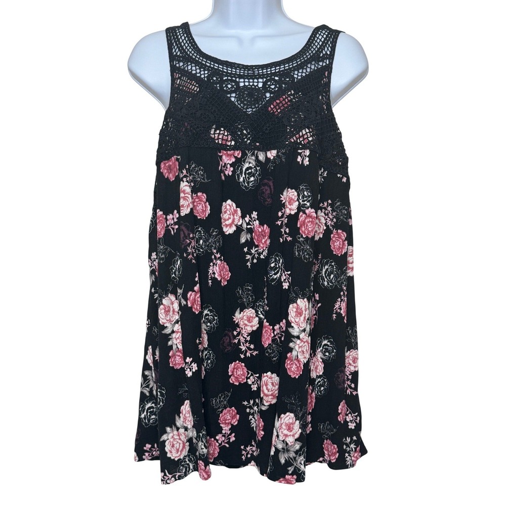 Torrid Floral Lace Tank Top Plus Size 3 Black Pink Rose Boho Crochet