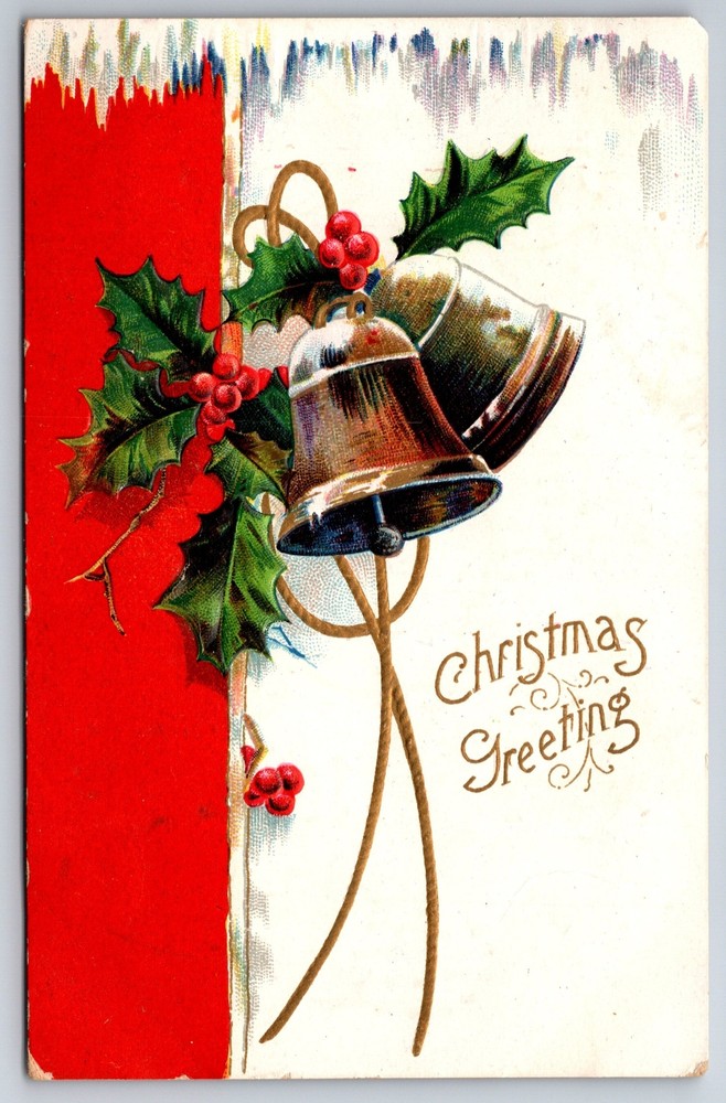 Holiday~Bells Holly Red Rectangle Christmas Greeting~Vintage Postcard
