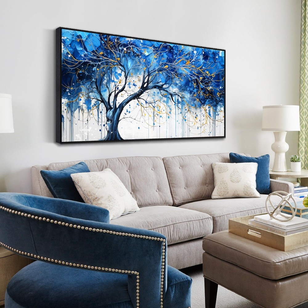 Blue Tree Wall Art Bedroom - Modern Canvas Art Wall Decor for Living Room - F...