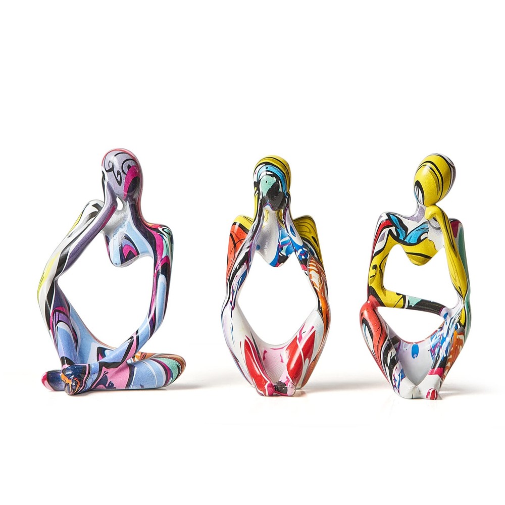 3 Colorful Graffiti Thinker Statues for Modern Home Decor Abstract Sculpture-image