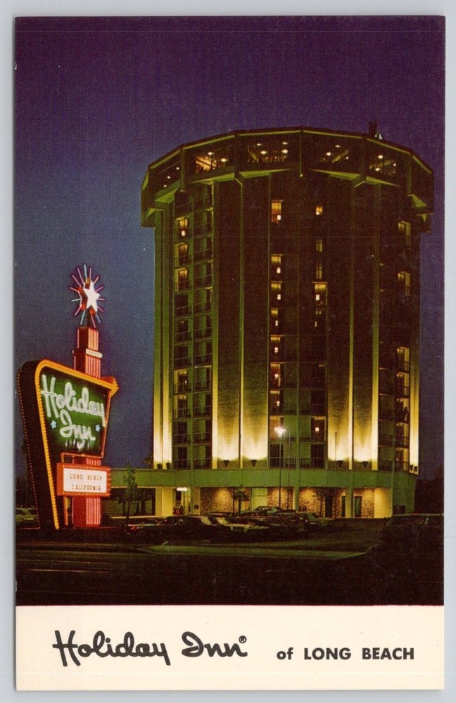 Vintage Holiday Inn Long Beach CA Chrome Postcard Curteichcolor Night View