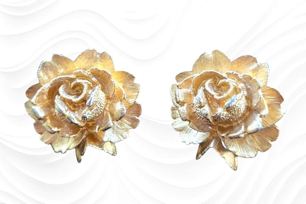 Vintage 1960s Rose Clip On Earrings Gold Tone Floral Jewelry