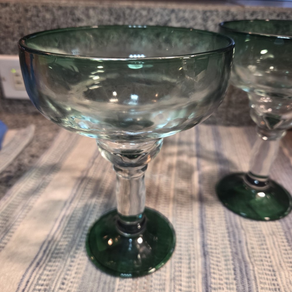 2 Mexican Hand‑Blown Margarita Glasses Green Rim Heavy Artisan Bubble Glass