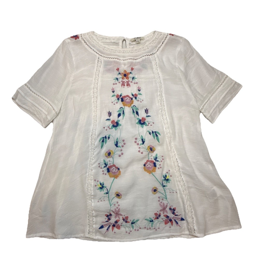 Umgee Womens Embroidered Boho Blouse White Floral Short Sleeve Large