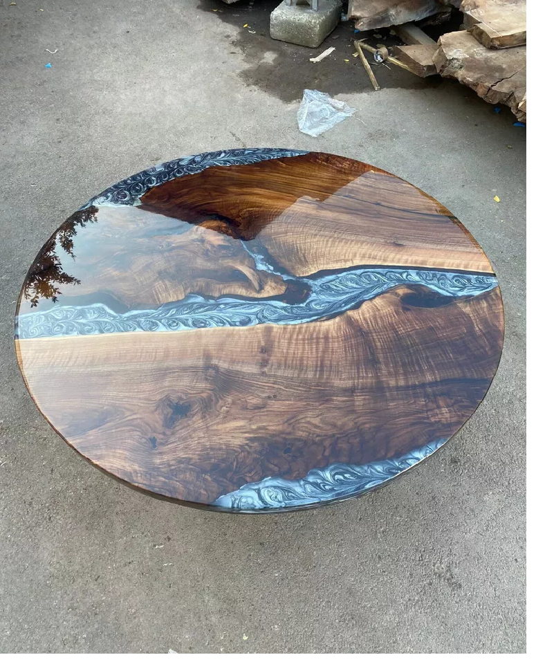Acacia Live Wood Coffee Table Top Blue Epoxy Resin Restaurant Bistro Table Decor-image