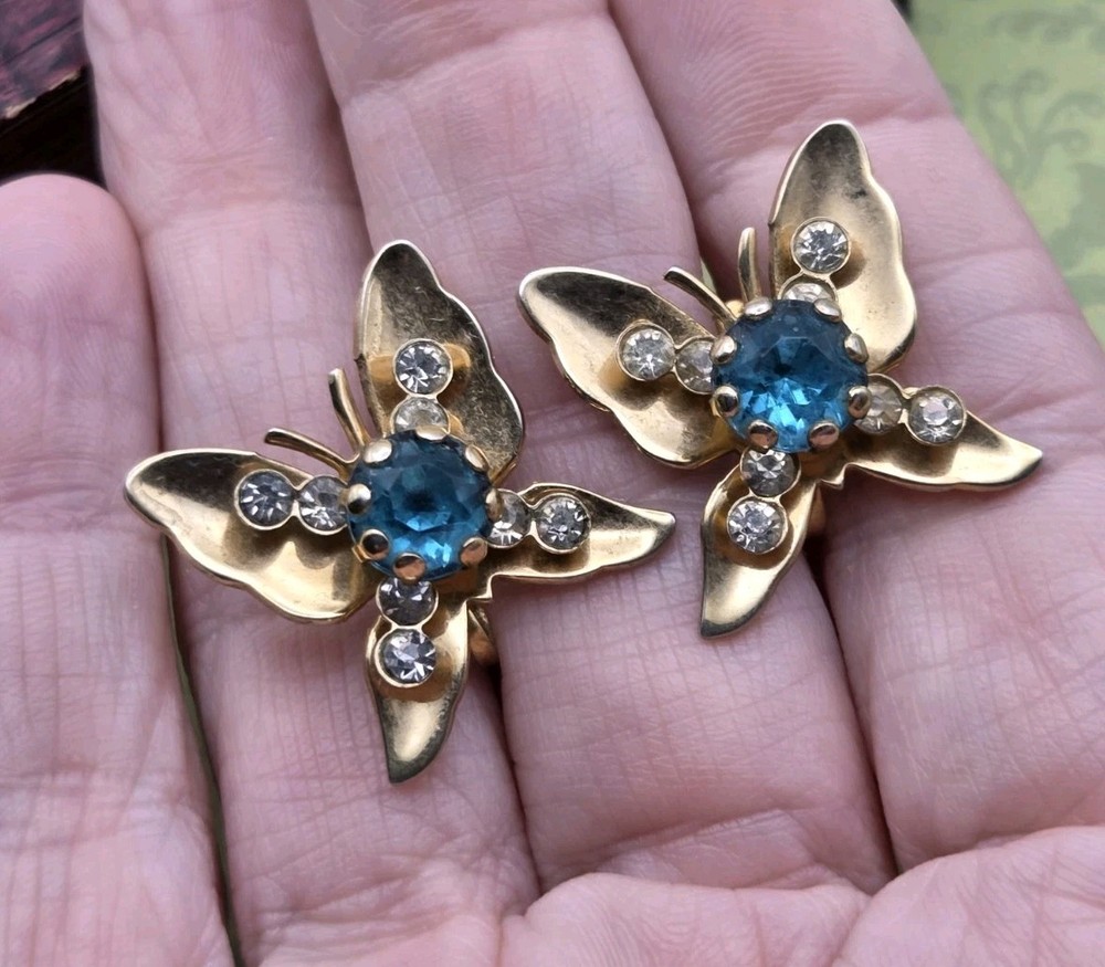 Vintage Signed Coro Earrings Gold Tone Butterfly Screw Back Blue Rhinestone
