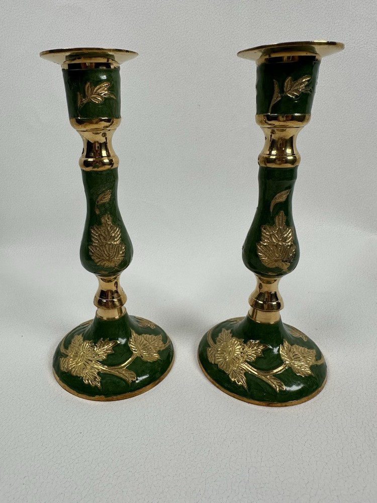 Pair Brass W/ Green Enamel Floral Pattern Candle Stick Holders Made In India