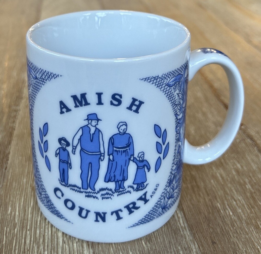 Amish Country Souvenir Coffee Tea Mug Cup Blue and White Vintage
