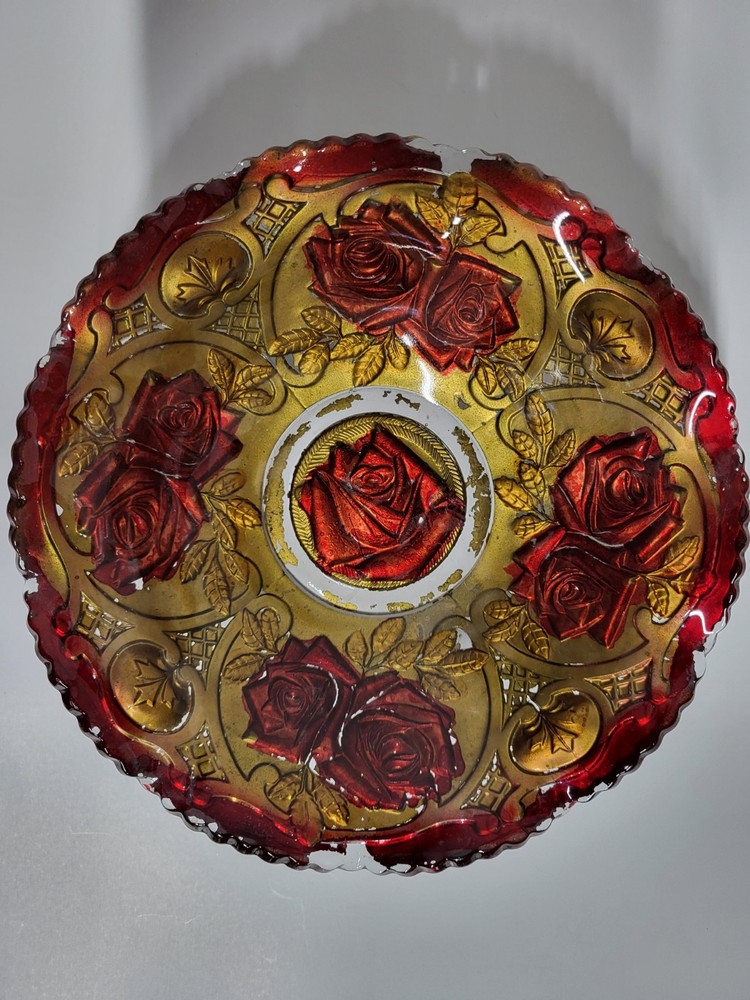 Antique 1920's Goofus Glass Red & Gold Rose Embossed Scalloped Lg Serving Bowl