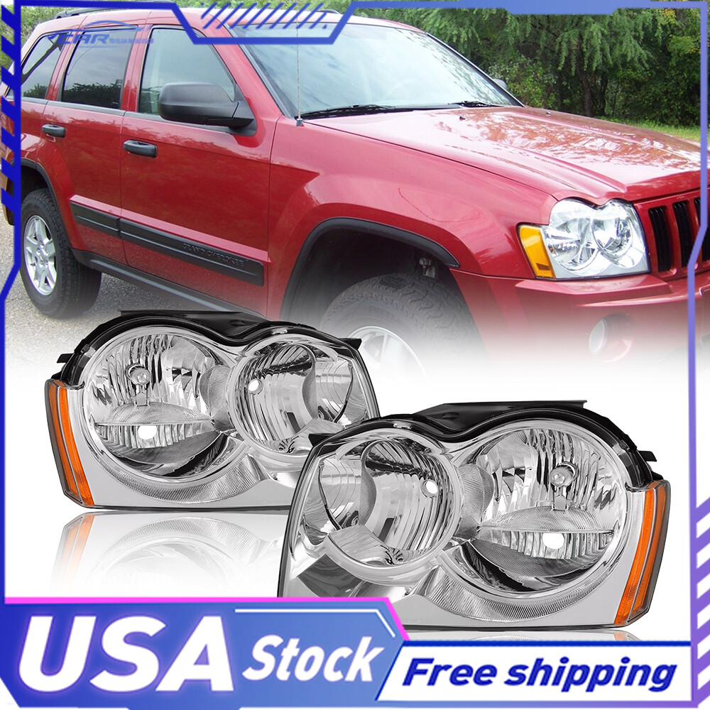 1 PAIR Black Headlights Assembly For 2005-2007 Jeep Grand Cherokee