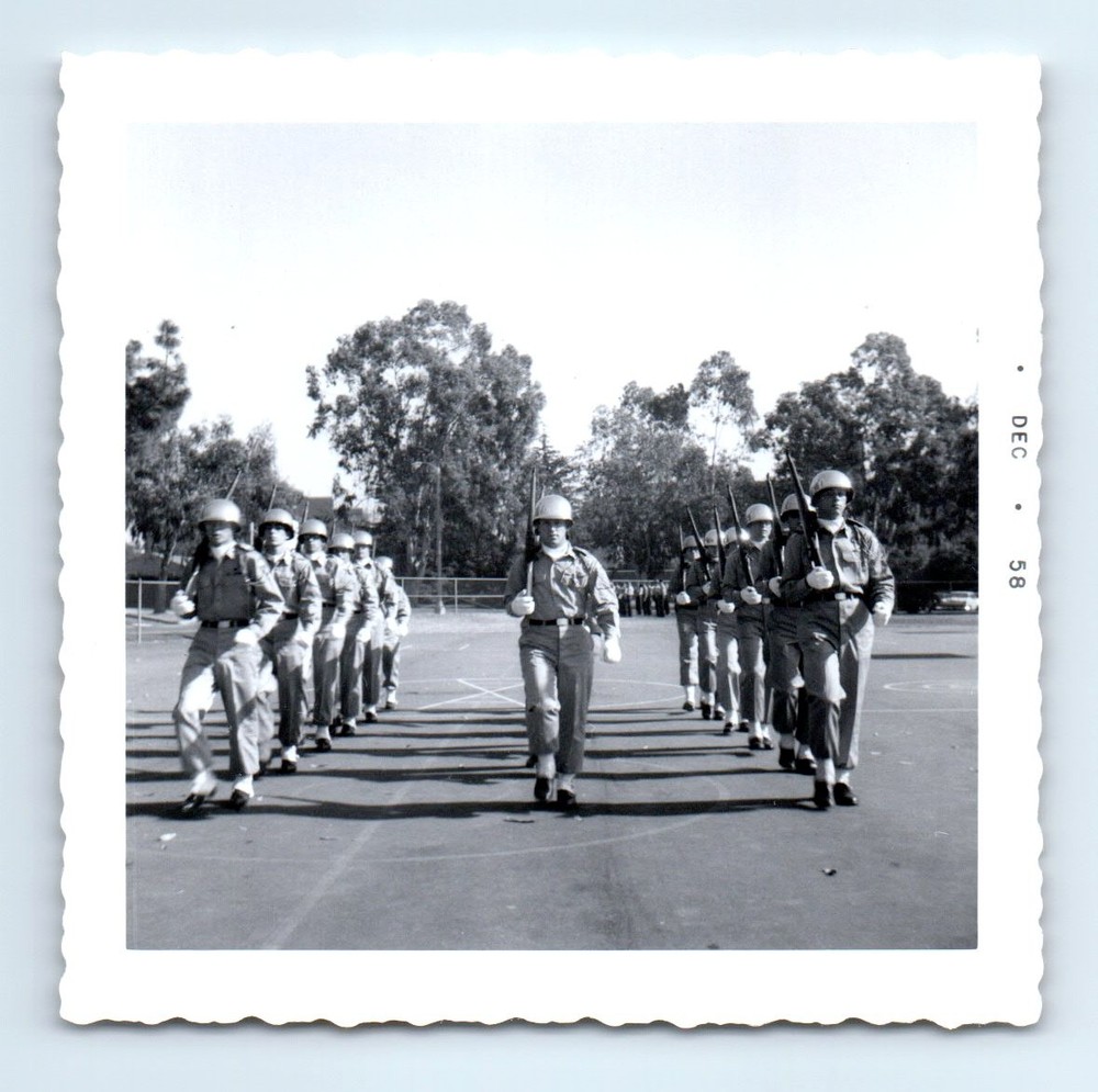 Old Vintage Square Photo ARMY MEN SOLDIERS DRILL EXERCISE RIFLE HELMET 1958