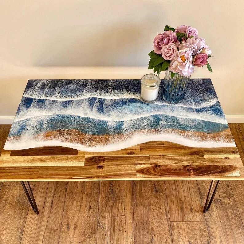 Ocean Wave Epoxy Resin Center Dining Table Top Conference Meeting Desk Home Deco
