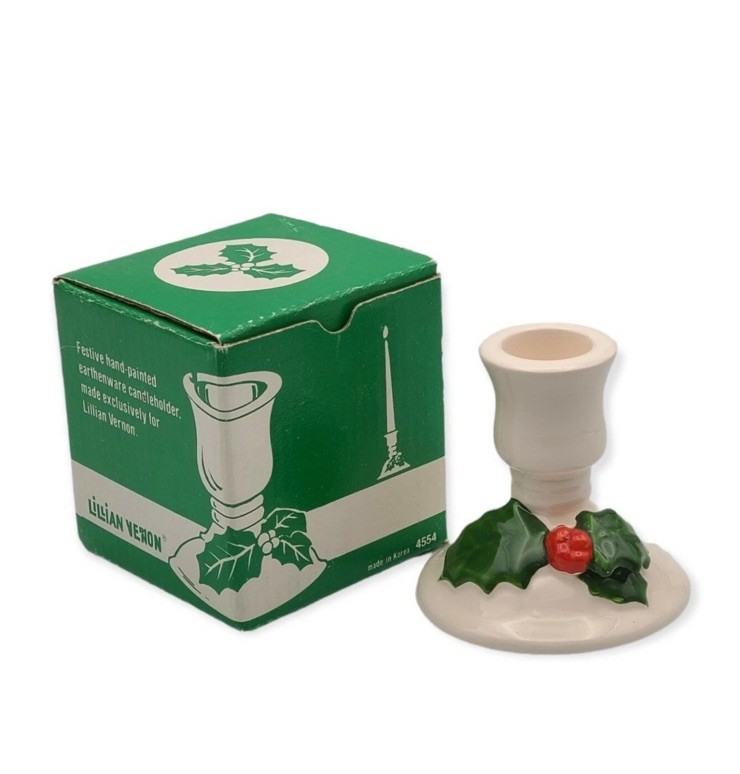 NIB Vintage Lillian Vernon Christmas Candlestick Holder Holly Berries Porcelain