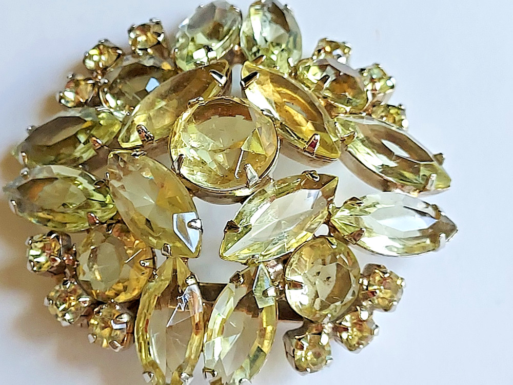 Vintage Rhinestone Brooch Yellow Open Work Citrine Domed Pin