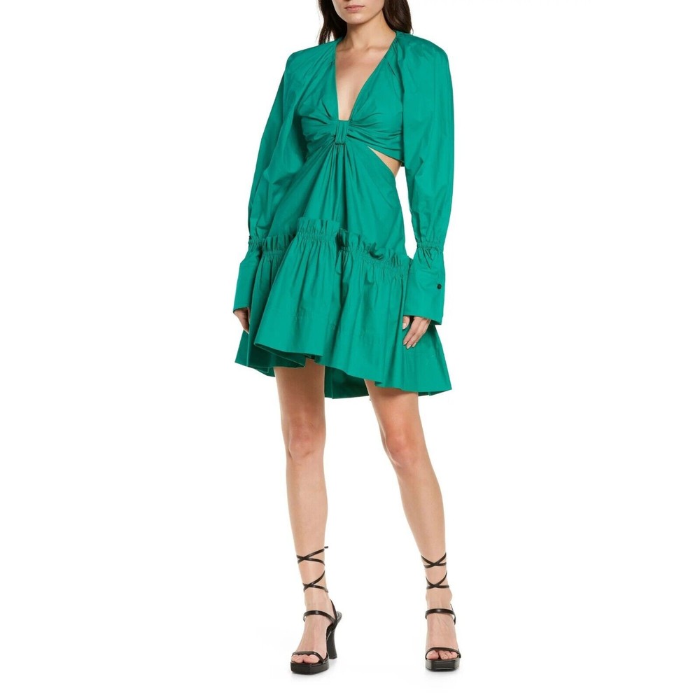 A.L.C. Women Viridian Green Cotton Alexa Cutout Tiered Mini Dress Size US 2