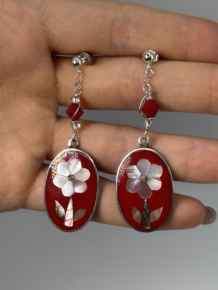 Vintage Mexico 925 Sterling Silver Red Enamel Mother of Pearl Dangle Earrings