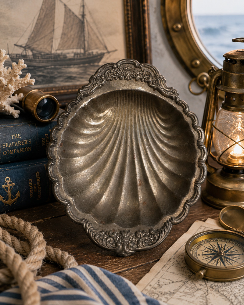 Vintage Nautical Shell Bowl Tricket dish Pewter Tone Coastal Cottage Decor