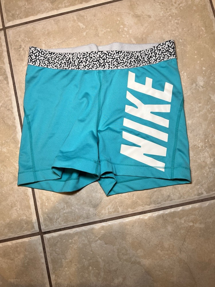 Nike Pro Woman’s turquoise athletic compression shorts patterned waistband Sz M