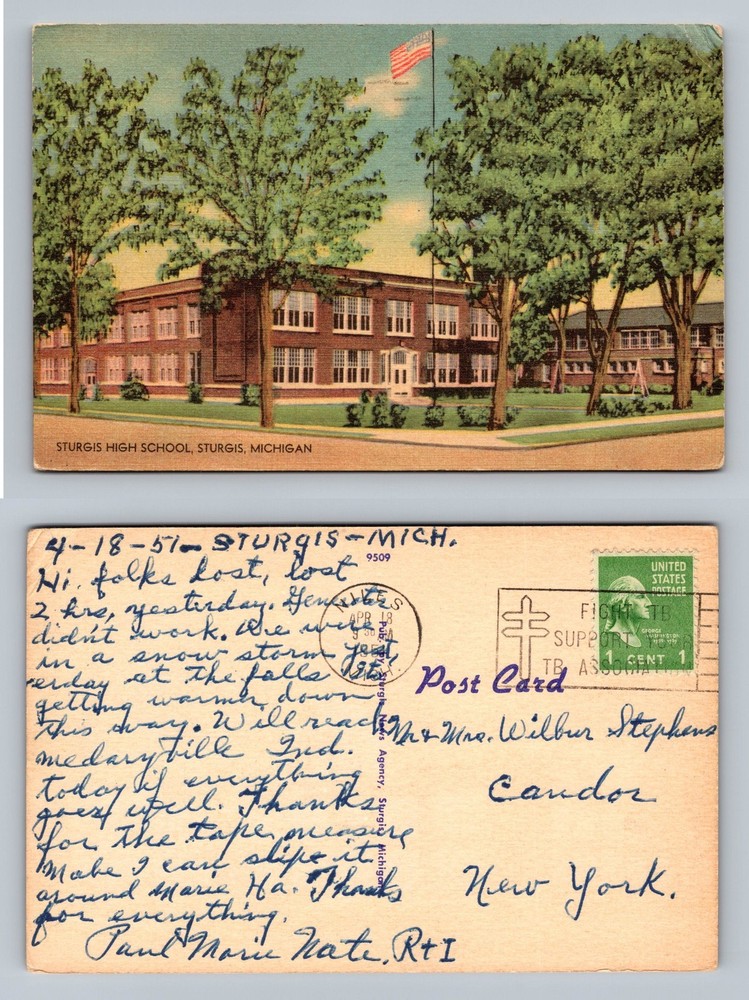 Sturgis, MI-Michigan, Sturgis High School Tree Scene, Vintage c1957 Postcard