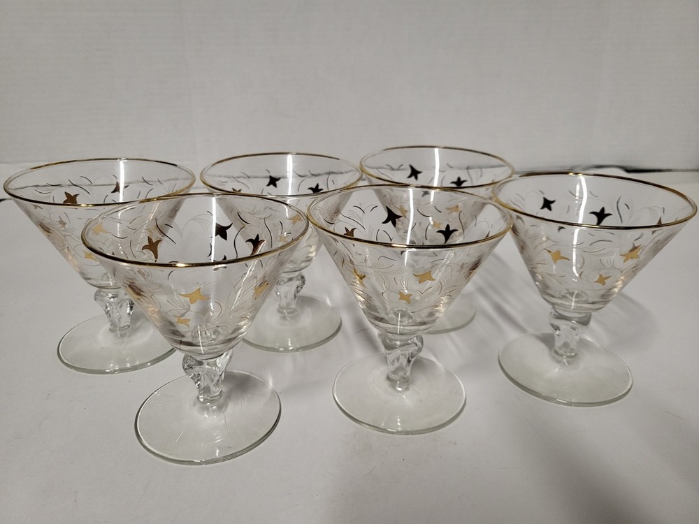 Vintage MCM Libbey Royal Fern Gold Gilt Leaf Embossed Martini Glass Set of 6