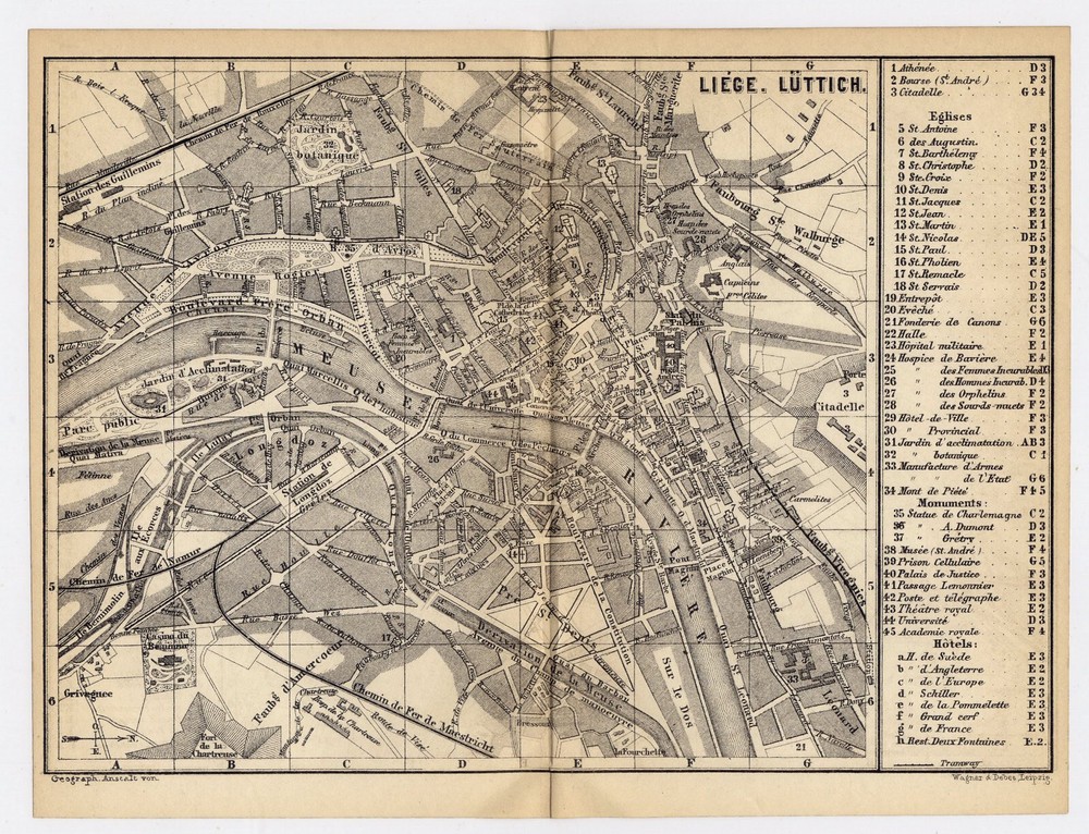 1881 Antique City Map Of Liege Liège Lüttich / Belgium