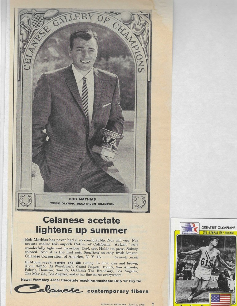 BOB MATHIAS CELANESE ORIGINAL PRINT AD and GREATEST OLYMPIANS CARD