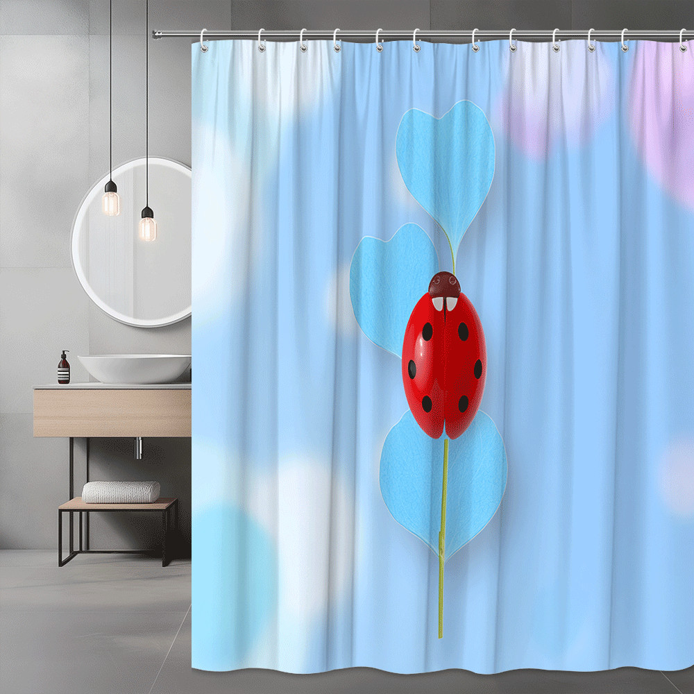 Ladybug on Heart Leaves Shower Curtain Blue Floral Print