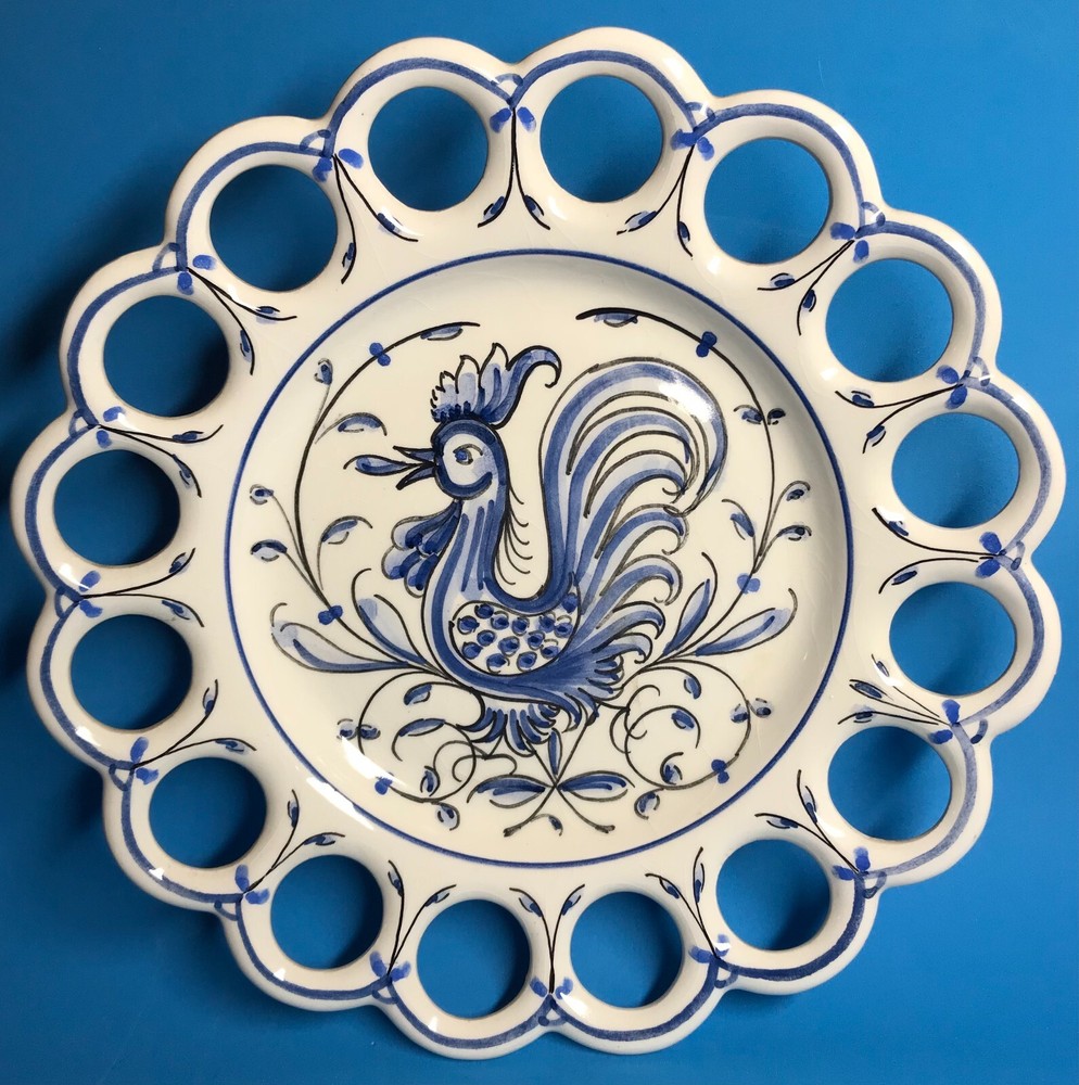 Vintage Portuguese Hand-Painted Blue & White Rooster Pottery Wall Plate 8 Inch