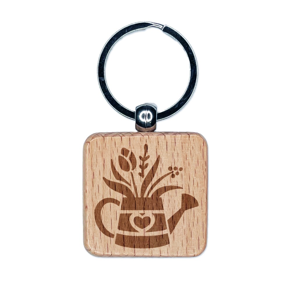 Charming Water Can Spring Summer Flowers Gardening Engraved Wood Square Keychain