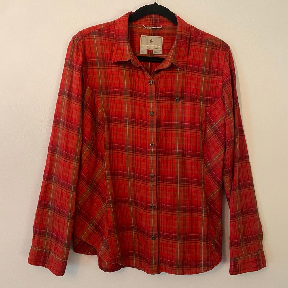 Royal Robbins Red Plaid Button Down Shirt Gorpcore Outdoor Women's size Large