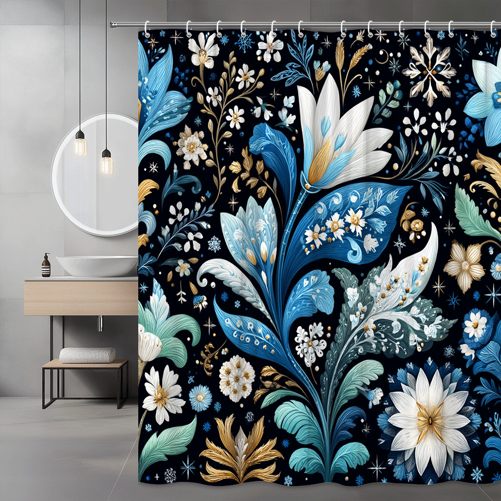 Blue Floral Shower Curtain Botanical Flower Print Black