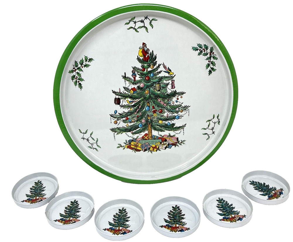 Vintage Christmas Serving Tray Round Tin Santa Christmas Tree 6 Coasters Japan