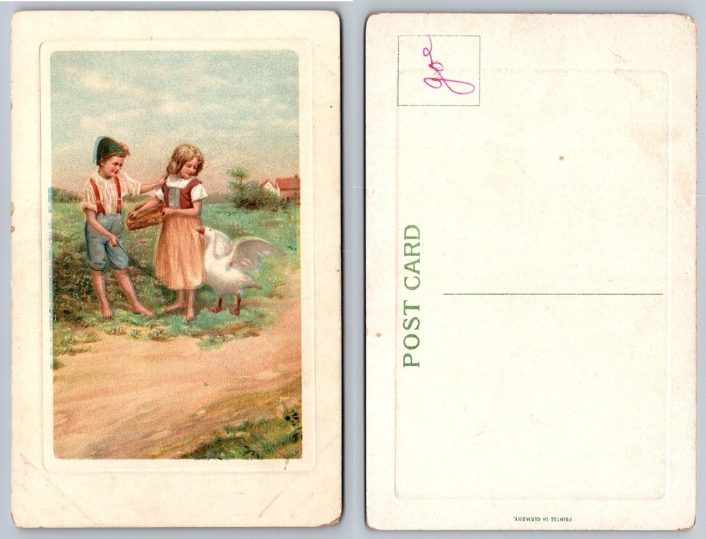 Antique Children & Goose Postcard c1910s - Pastoral Farm Scene Printed Germany
