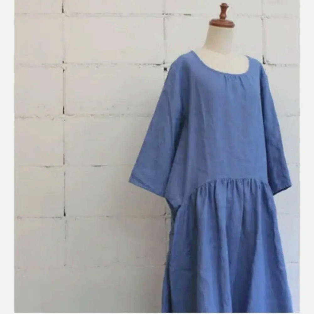 Veritecoeur Round Gather Maxi Dress Linen Free Size Ind Blue 3/4 Sleeve