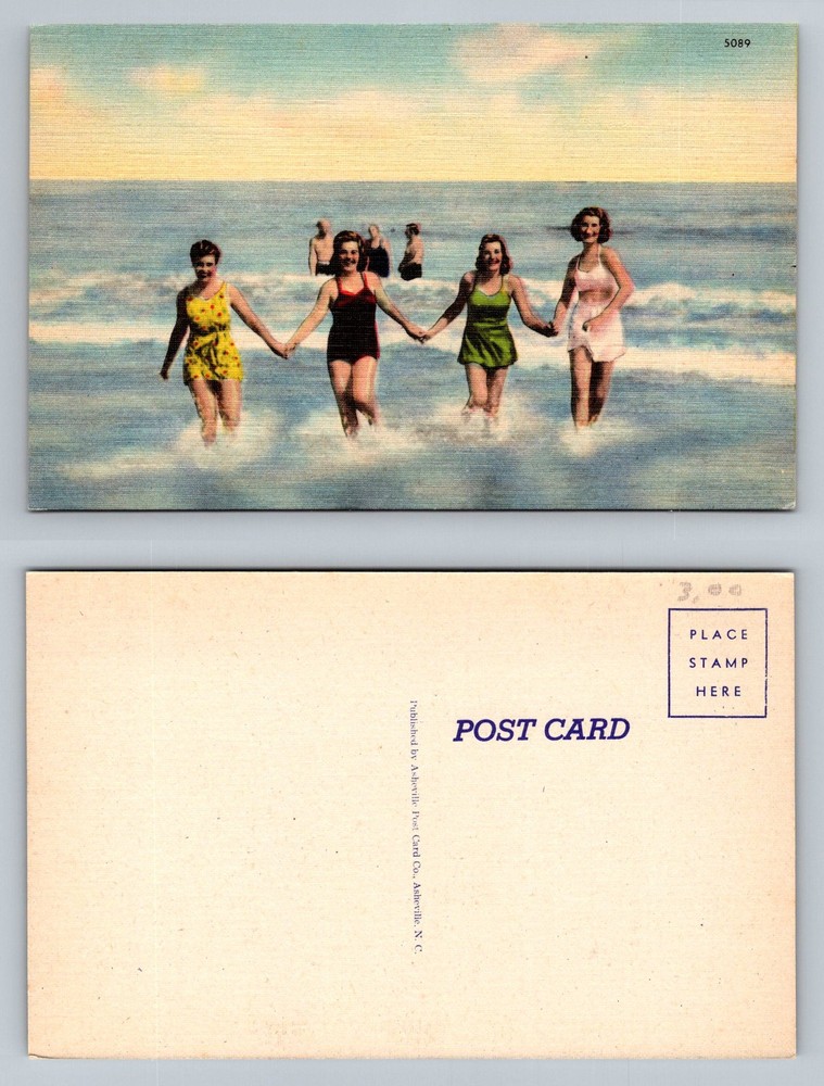 Asheville, NC-North Carolina, Bathing Beauties In Ocean Surf Vintage Postcard