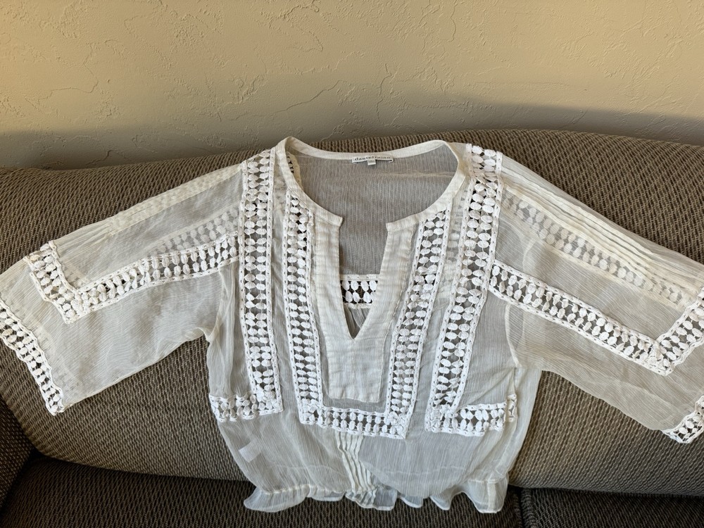 Daniel Rainn Blouse Boho Crochet Embroidered Hippie Ivory Sheer Women’s Small