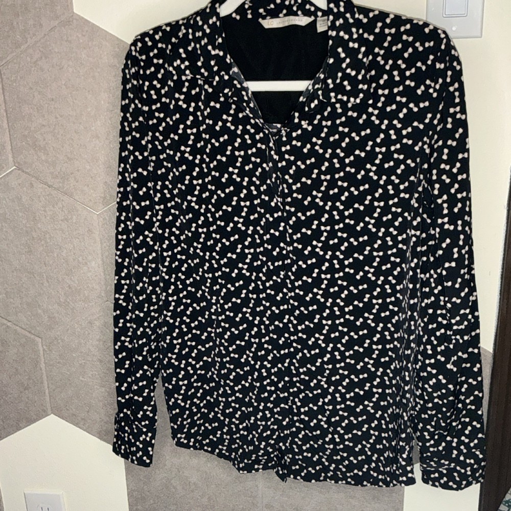 LC Lauren Conrad Bow Print Collared Long Sleeve Blouse Black White Size M
