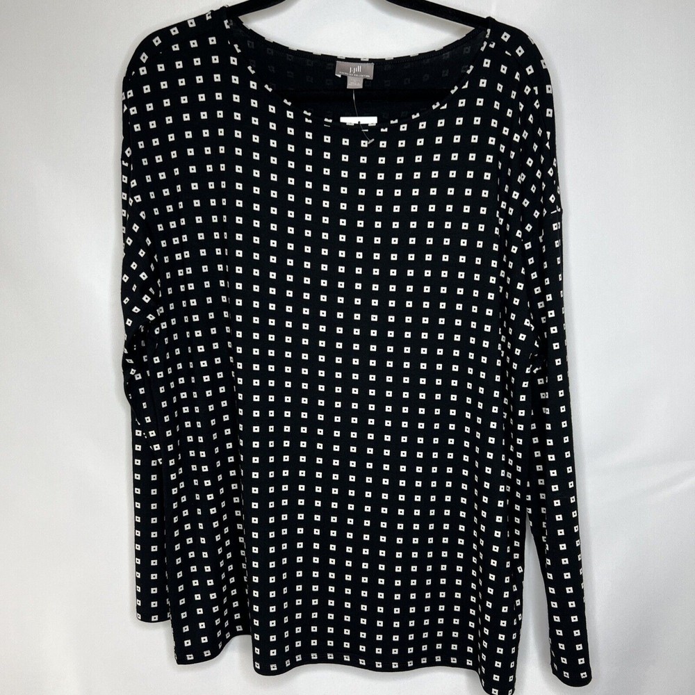 J. Jill Wearever Collection Top Tunic Shirt Black White Stretch Geometric Large