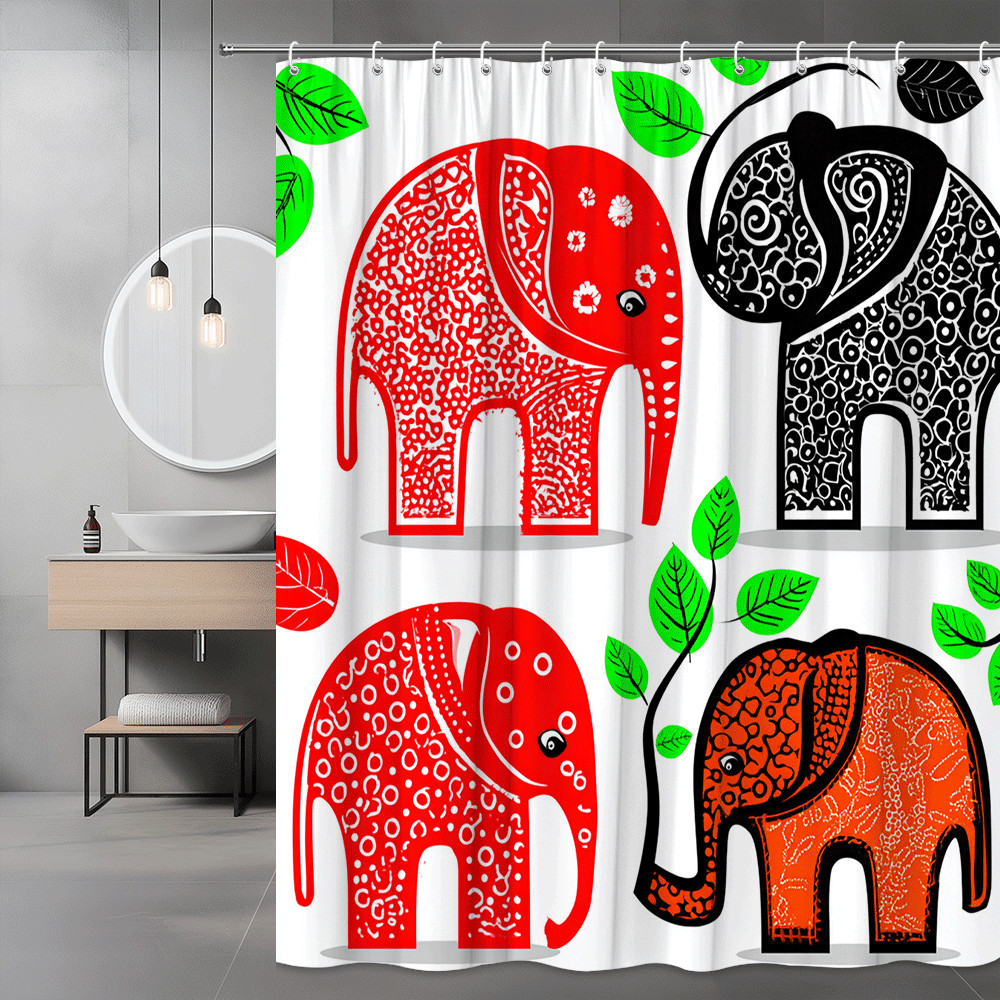 Elephant Print Shower Curtain Black Red Green Leaf Pattern