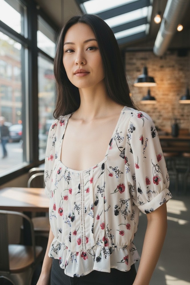 Sienna Sky Women's Cropped Boho Blouse Size XS White Floral Short Sleeve