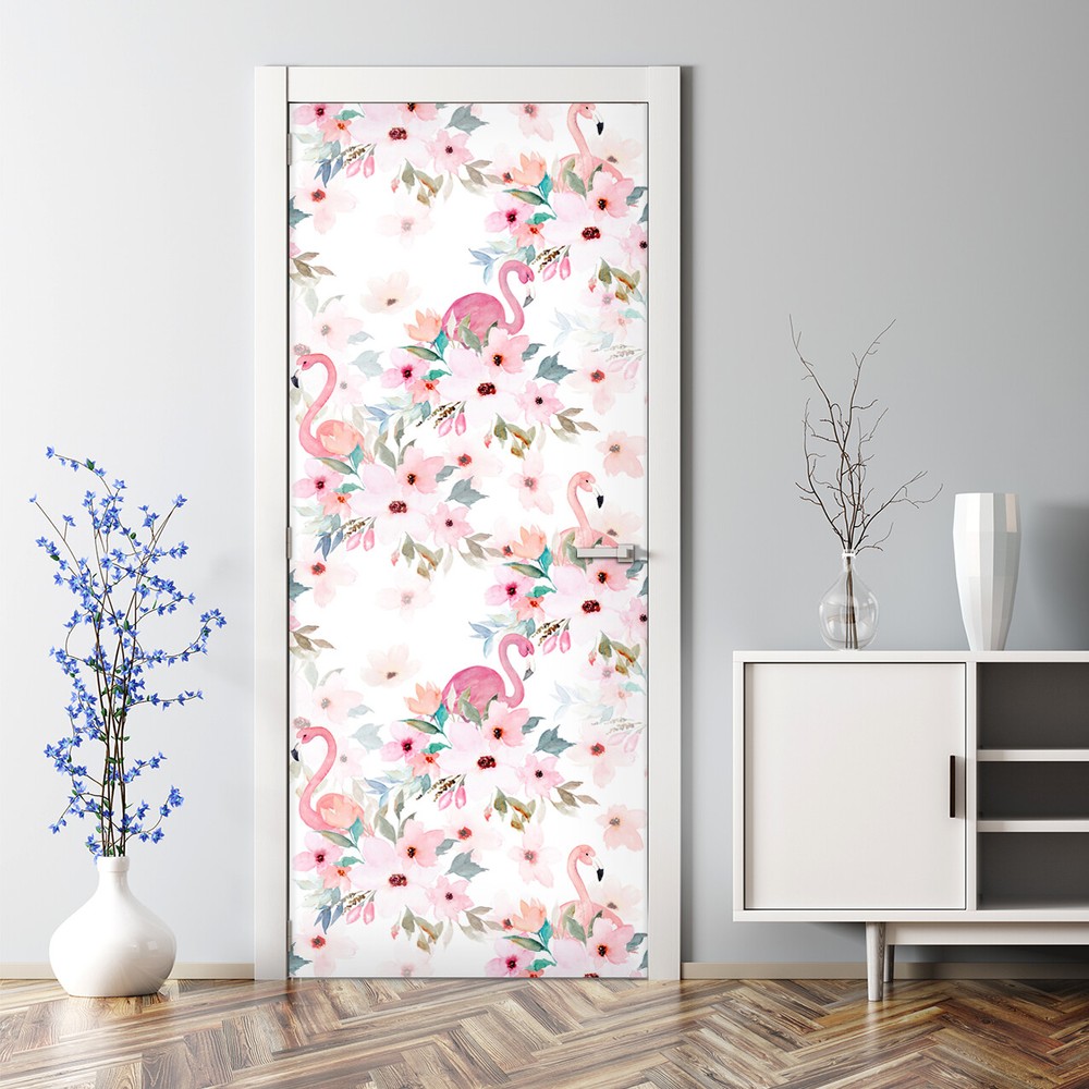 Flowers Flamingo Bubble Free Door sticker Watercolour floral abstract painting